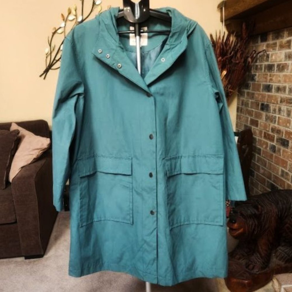 Long Teal Hooded Raincoat Jacket - Women - Picture 3 of 7